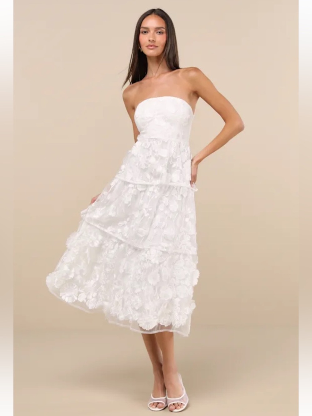 Pomina White 3D Floral Appliques Tiered Midi Dress L NWT